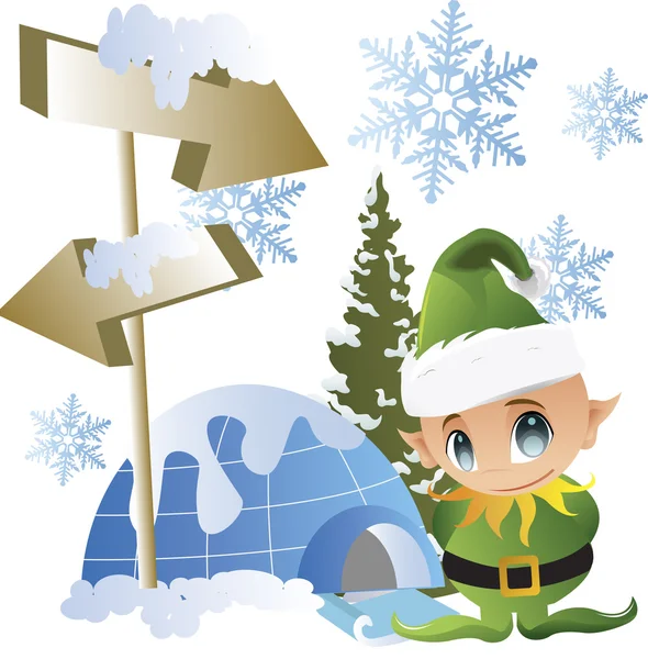 Weihnachtsmann-Elf steht auf dem Schnee-Vektor — Stockvektor