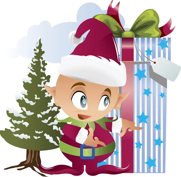 Christmas background with christmas elf with gift vector — Stock Vector