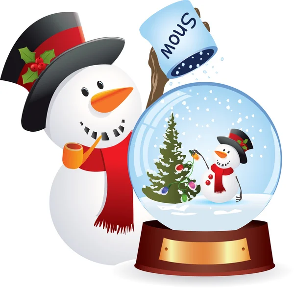 Vector image of a snowman sprinkling snow on globe. — Stock Vector