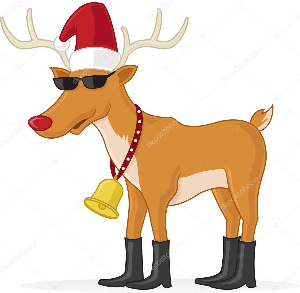 vector image of reindeer wearing sunglasses and santa's hat.