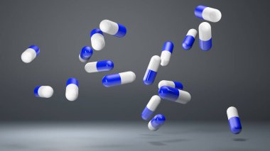 Nötr gri arka planda mavi beyaz hap kapsülleri zıplıyor. Eczane konsepti. 3 Boyutlu Hazırlama