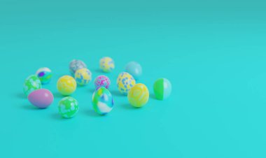 Mavi arkaplanda 3 boyutlu paskalya yumurtası