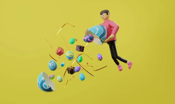 3D karakterli Paskalya yumurtası ve hediyeler — Stok fotoğraf