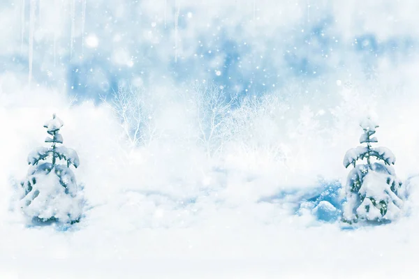 Boldog Karácsonyt Boldog Évet Fagyasztott Téli Erdő Havas Fákkal Szabadtéri — Stock Fotó