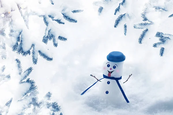 Funny happy snowman. Winter landscape. Merry christmas and happy new year greeting card