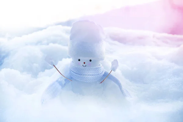 Funny happy snowman. Winter landscape. Merry christmas and happy new year greeting card