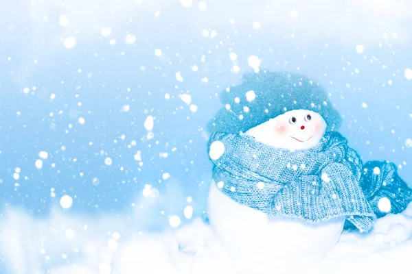 Funny happy snowman. Winter landscape. Merry christmas and happy new year greeting card