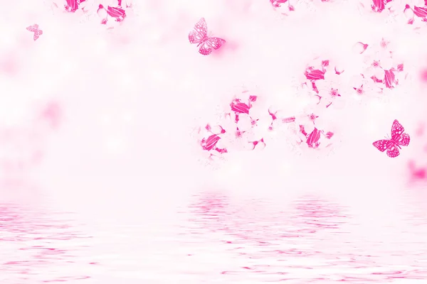 Natur Blommande Grenkörsbär Ljusa Färgglada Vårblommor Vacker Naturscen Fjäril — Stockfoto