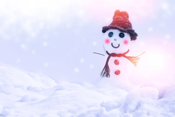 Funny happy snowman. Winter landscape. Merry christmas and happy new year greeting card