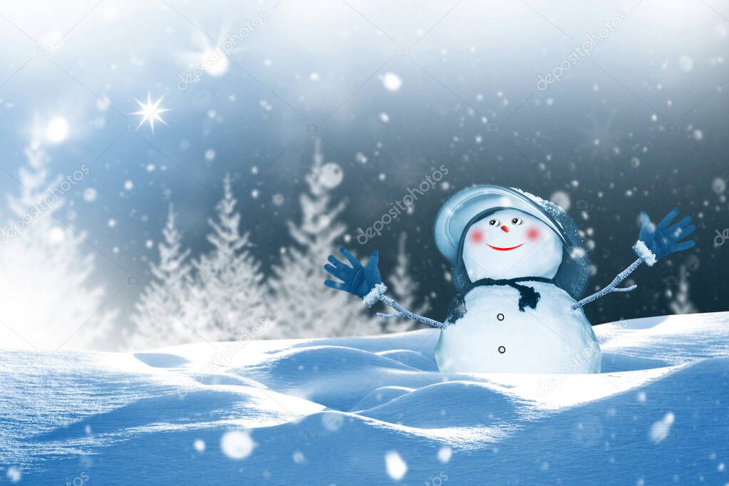 Funny happy snowman. Winter landscape. Merry christmas and happy new year greeting card