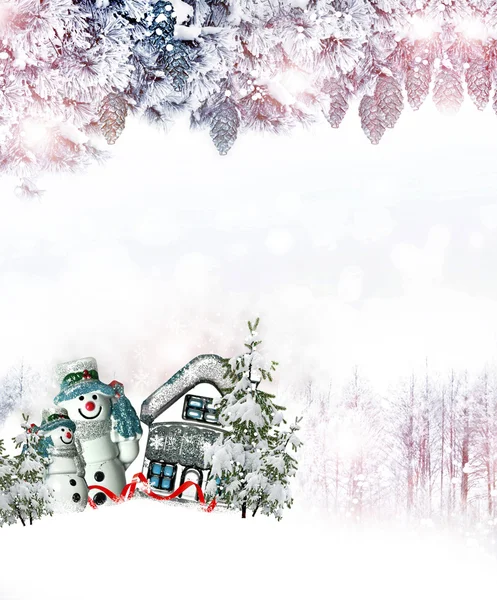 Forêt d'hiver. Bonhomme de neige et maison. Carte de Noël — Photo