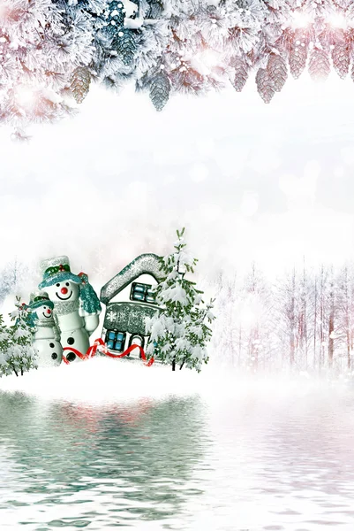Зимний лес. Снеговик и дом. Рождественская открытка — стоковое фото