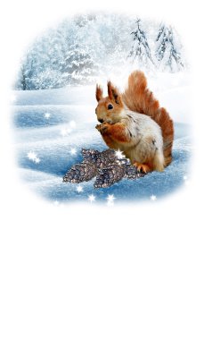 Kış ormanda sincap. Yeni yıl kartı.