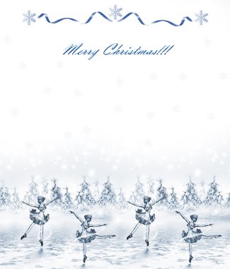 Kar kızlık kış ormanda dans. Tatil kartı