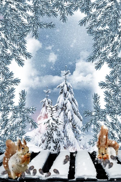冬の森のリス。新年カード. — ストック写真