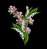 flowering plum and lily of the valley isolated on black backgrou