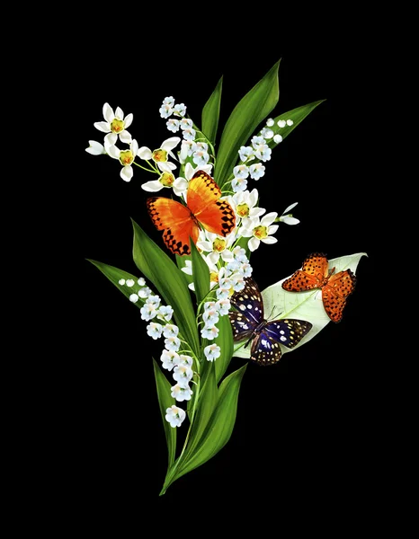 Gałąź kwiaty i motyle na białym tle na czarnym tle — Zdjęcie stockowe