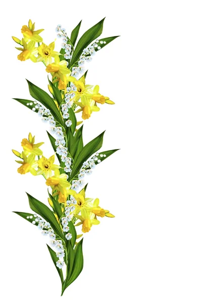 Spring flowers daffodils and lilies of the valley isolated on wh — Stock Photo, Image