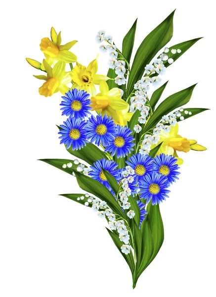Jarní květy narcisů a konvalinek izolované na wh — Stock fotografie