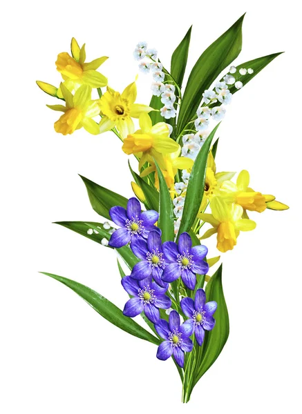 Spring flowers daffodils and lilies of the valley isolated on wh — Stock Photo, Image