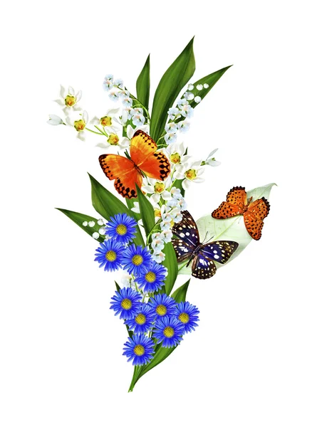 Çiçekler ve kelebekler üzerinde beyaz bir arka plan izole dalı — Stok fotoğraf