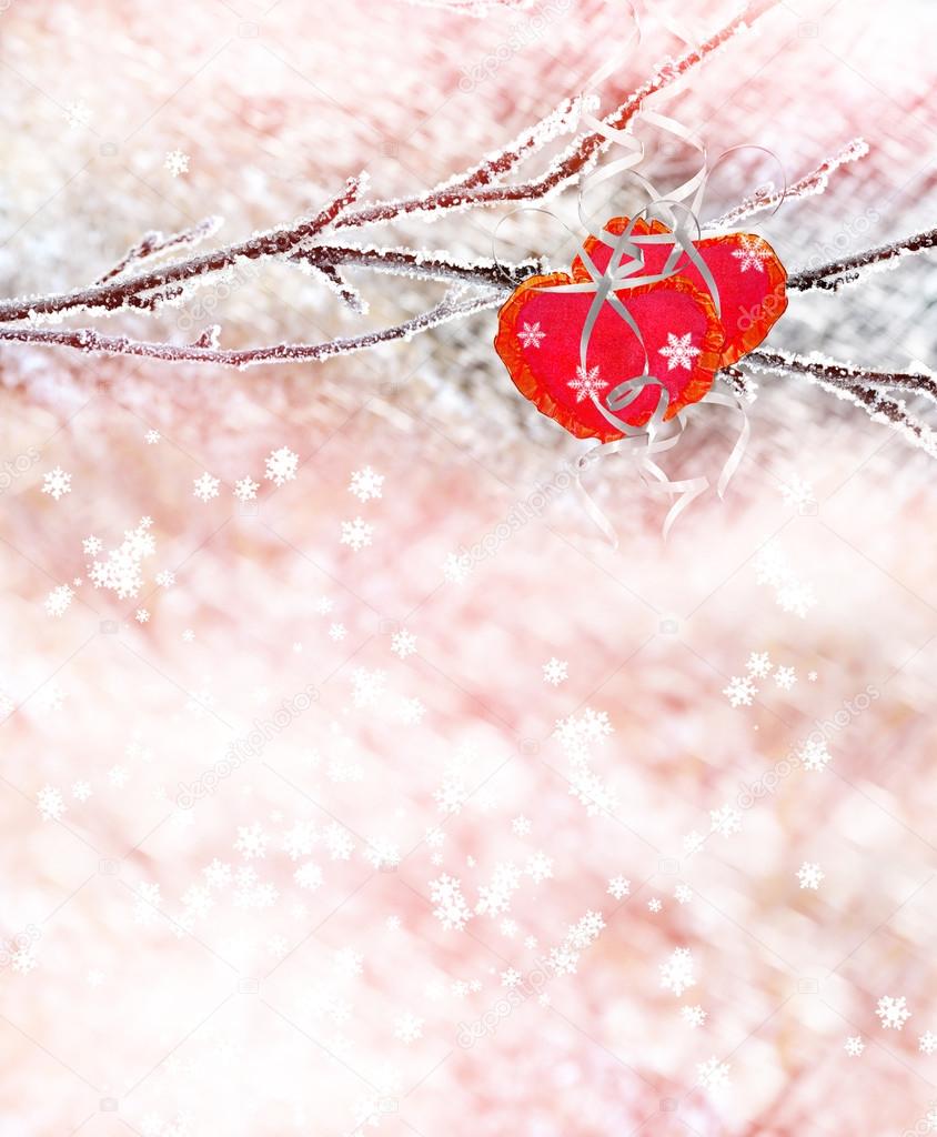 Winter Forest. Trees in the snow. Heart.