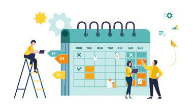 2026 yılı için insanların iş notları aldığı takvim. Bayrak tasarımı iş sunumu, iş kadını ve işçiler, mali piyasayı analiz eden ekip. Yeşil sarı. Vektör illüstrasyonları 