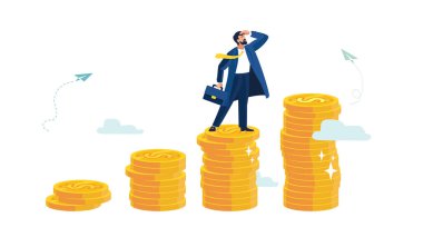 İş Finansmanı 2026, iyi tatiller. İş adamı gelir artışına bakıyor, büyüyen altın para yığınlarına tırmanıyor. 2026 yılının ekonomisi. Harika, millet. Vektör illüstrasyon, broşür, dergi, başarı, klip sanatı, bilgi