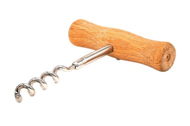 Tirbuşon, beyaz arka planda şarap şişelerini açmak için araç