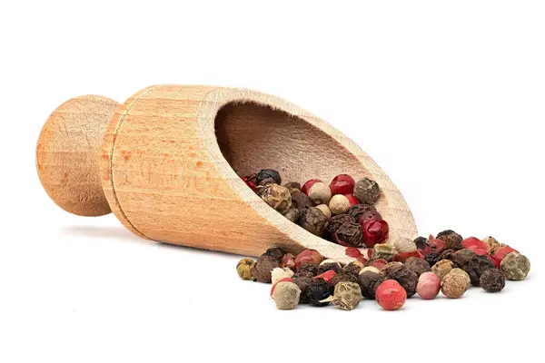 Peppercorn Mixed Colors Nahaufnahme Der Zutat Mit Holzdusche Auf Weißem — Stockfoto