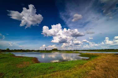 Manzara yansıma bulutları, kümülüs bulutlu cennet gibi su.