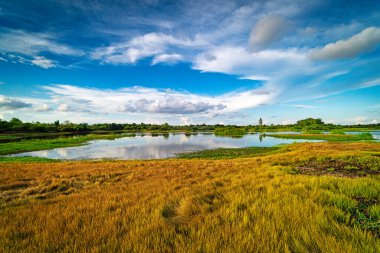 Yansıma gölü olan manzara, gökyüzü ve bulutlu su.