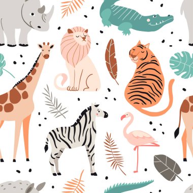 Sevimli egzotik hayvanlar kusursuz kalıplar. Komik timsah, zebra, zürafa, aslan, kaplan, flamingo, su aygırı. El çizimi çizgi film karakterleri ve bitkiler. Çocuklar için tropik doku. Doğa, vahşi yaşam vektörü