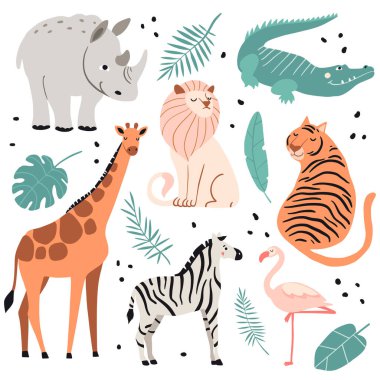 Sevimli egzotik hayvanlar seti. Komik timsah, zebra, zürafa, aslan, kaplan, flamingo, su aygırı. El çizimi çizgi film karakterleri. Düz stil tropikal koleksiyon. Doğa ve vahşi yaşam vektörü beyaza izole edildi.