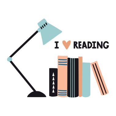 Okumayı seviyorum. Motivasyon kartı, baskı ya da içinde kitap ve lamba olan poster. Harflerle çizilmiş güzel bir el çizimi. Kütüphane, eğitim, eğitim konsepti. Düz çizgi film renkli vektör elementleri