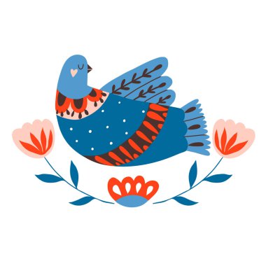 Kuşlar ve çiçekler... Hepsi de çeşitli renklerdedir. Kart, baskı ya da poster. Şekillendirilmiş dekoratif çiçek elementleriyle el çizimi düz karalama çizimi. İskandinav tarzı. Geleneksel dekor. Vektör 