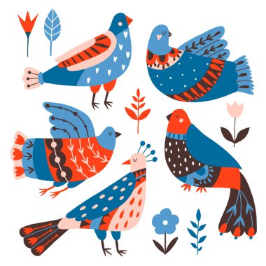 Farklı süs eşyalarıyla birlikte kuş ve çiçek koleksiyonu. Şekillendirilmiş dekoratif çiçek elementleriyle el çizimi düz karalama çizimi. İskandinav tarzı. Geleneksel dekor. Vektör 