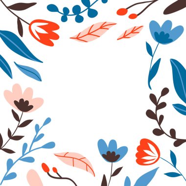 Yapraklı kare çerçeve ve süslü çiçekler. Çiçek süslemesi ve metin için yer. Sabit tasarım şablonu, selamlar, poster, kart, pankart. İskandinav tarzı düz karalama bitkileri