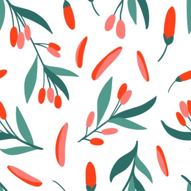 Kırmızı Goji ile kusursuz desen: böğürtlen, dallar, yapraklar. Organik sağlıklı gıda geçmişi. Mutfak, kafe, restoran tekstili ve kağıt için süper yiyecek dokusu. El çizimi düz stil vektörü. Detox ürünleri