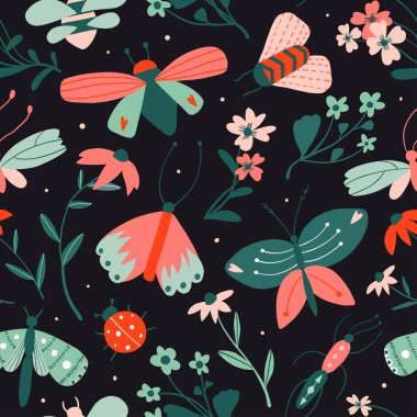 Karalama böcekleri ve çiçekler kusursuz desen. Kelebek ve güve dokusu kumaş ve kağıt için. Güzel çizgi film modern düz çizim. El çizimi dekoratif yay veya yaz izole vektörü