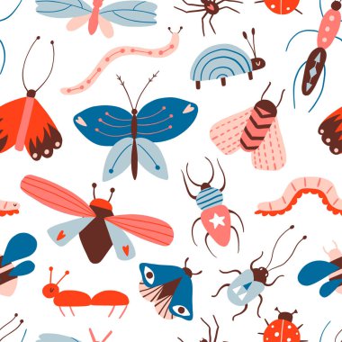Karalama böcekleri kusursuz desen. Böcek, karınca, kelebek, güve, solucan. Şirin çizgi film modern düz stil çizimi. Kumaş ve duvar kâğıdı için el yapımı dekoratif doku. Renkli izole vektör  