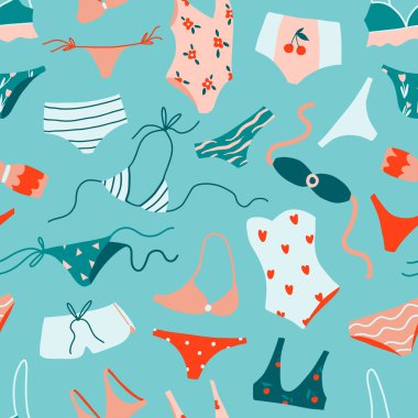 Kadın plaj kıyafetleri kusursuz desen. El yapımı mayo, bikini, monokini. Tekstil ve kumaş için moda renkli el dokuları. Şık mayo tasarımı. Beyaz üzerinde şirin düz vektör illüstrasyonu