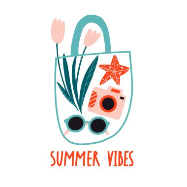 Yaz titreşimleri. Çiçekler, bardaklar, kamera, şeffaf çantada denizyıldızı. El yapımı kart, afiş ya da el yazısıyla yazılmış bir poster. Şirin düz ikonlar çizimi. Kadınlar için güzel aksesuarlar, kızım.