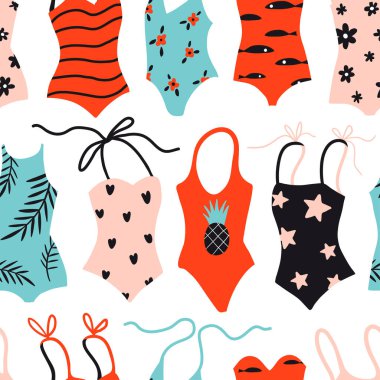 Kadın plaj kıyafetleri ile kusursuz yaz deseni. El çizimi mayolar. Moda renkli el yapımı aksesuarlar. Şık mayo tasarımı. Tekstil, kumaş, kağıt için şirin düz vektör dokusu