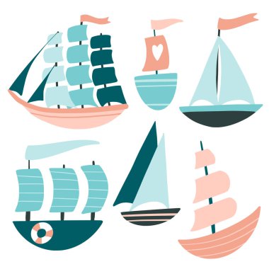 Şirin gemiler, yelkenliler, yatlar hazır. Denizci el çizimi düz vektör çizimi. Deniz taşımacılığı. Kartlar için çizgi film ikonları, çocuk tişörtü baskıları. Çocuksu bir koleksiyon. Beyazda izole edilmiş 