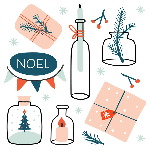 Biglietto Invernale Poster Noel Anno Nuovo Simboli Vacanza Invernali Confezione — Vettoriale Stock