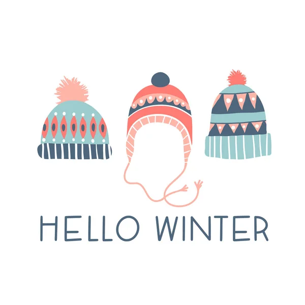 Olá Inverno Cartão Colorido Cartaz Design Impressão Com Bonitos Chapéus —  Vetores de Stock