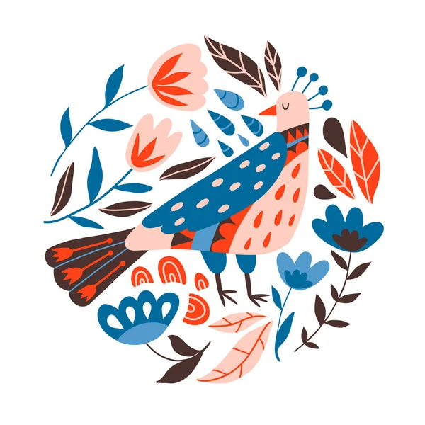 Oiseaux Fleurs Avec Différents Ornements Folkloriques Carte Imprimé Affiche Illustration — Image vectorielle
