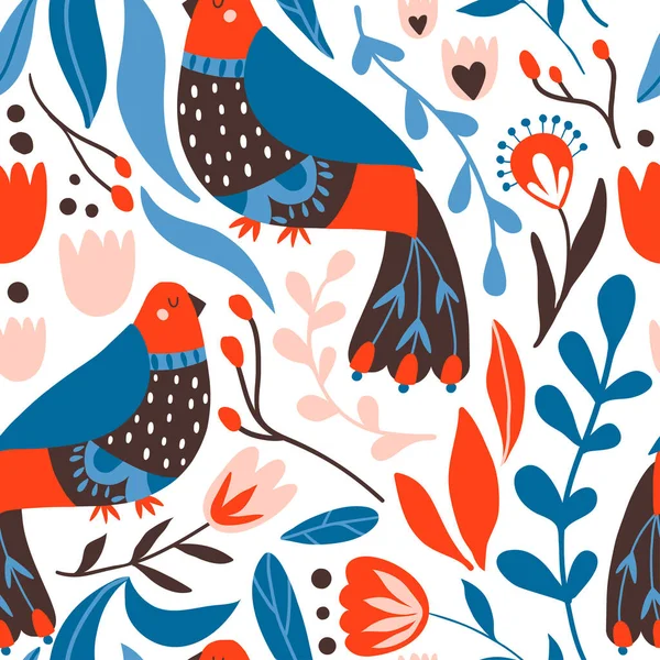 Modèle Sans Couture Avec Des Oiseaux Des Fleurs Avec Différents — Image vectorielle