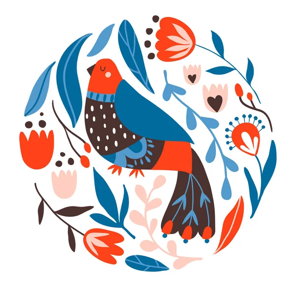 Ptaki Kwiaty Różnymi Ozdobami Ludowymi Karta Druk Lub Plakat Ręcznie — Wektor stockowy